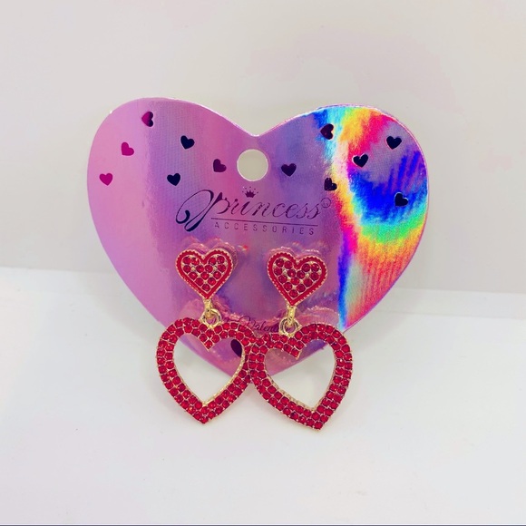 Earrings Hearts Red Rhinestones PIERCED! ADORABLE - Picture 7 of 9
